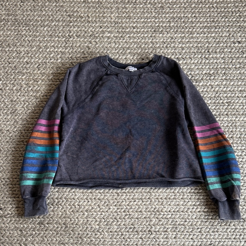 Evereve Black Sweatshirt with Multicolor Striped Sleeves